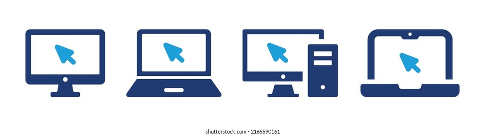 Ordenador y portátil con conjunto de ilustraciones vectoriales del icono del cursor.