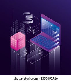 computer laptop with data center icons