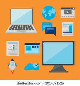 Computer und Laptop mit digitalem Symbol auf orangefarbenem Hintergrund