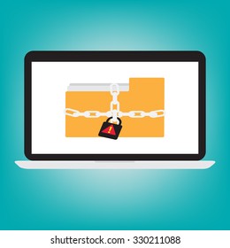 Computer laptop display icon folder with key chain of ransomware icon encrypted file concept. Vector flat illustration.