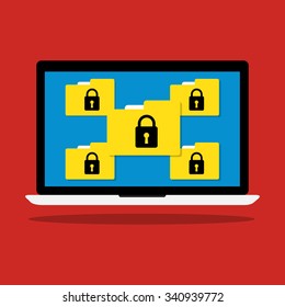 Computer laptop display icon folder with key lock of ransomware icon virus encrypted file. Vector flat illustration business data security  concept.