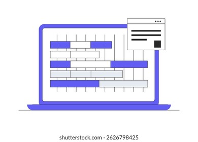 Computer laptop displays gantt chart assisting in planning for software development and project management. Flat Cartoon Vector Illustration, icon. Stylish abstract design landing page
