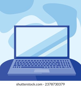 Computer laptop with empty blank screen for text, PC with blank display, workplace, office, modern design. Vector illustration. Flat design. Laptop mockup for design.