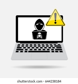 Computer laptop with exclamation mark and black shadow hacker on on screen. Vector illustration cybercrime and cyber security concept.