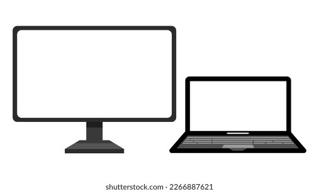 Computer laptop with external display on white background in flat design