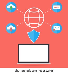 Computer laptop with firewall anti virus for protect malware virus from internet website email upload and download file. Flat design computer security in business concept.