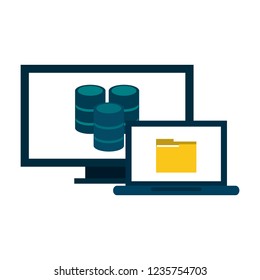 Computer and laptop with folder and database Computer and laptop with folder and database