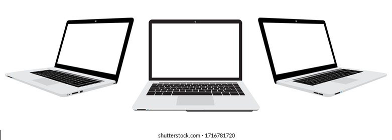 Computer laptop front, left and right side isolated on white background. EPS.file.