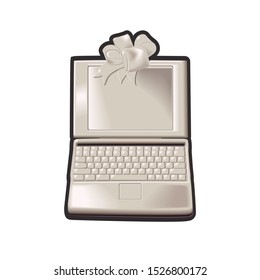 A computer laptop with a gift bow above the open screen
