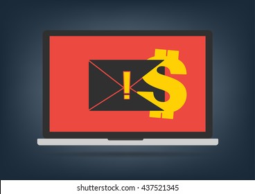 Computer Laptop Got Blackmail Ransom Latter Request Money For Paying Importance Data On Desktop Background. Vector Illustration Technology Data Privacy And Security Concept.