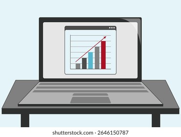 Computer, laptop with graph and red arrow, stands on table, on light background, internet, equipment, technology, online, work, office, gadget, progress
