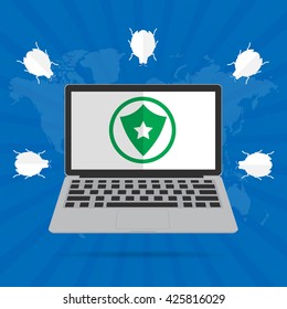 Computer laptop with green shield on desktop screen for protect computer virus. Vector illustration flat design internet security concept design.