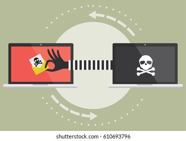 Computer laptop with hacker hand send suspicious email to victim laptop computer. Vector illustration cybercrime concept.