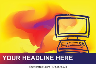 Computer or Laptop Icon. Creative Abstract Art Background with Color Yellow, Red, Violet. Graphic Design Concept, Flat, Line, Element, Vector Illustration EPS 10.