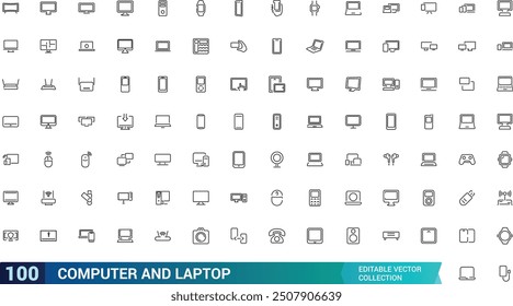 Computer and laptop icon set. Collection and pack of linear web and ui icons. Editable stroke. Vector illustration.