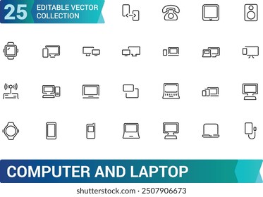 Computer- und Laptop-Symbolsatz. Sammlung und Paket von linearen Web- und Ui-Icons. Bearbeitbarer Strich. Vektorgrafik.