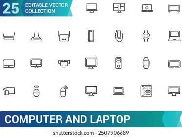 Computer and laptop icon set. Collection and pack of linear web and ui icons. Editable stroke. Vector illustration.