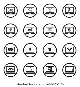 Computer And Laptop Icons. Black Flat Design In Circle. Vector Illustration.