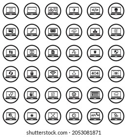 Computer And Laptop Icons. Black Flat Design In Circle. Vector Illustration.