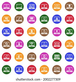 Computer And Laptop Icons. White Flat Collection In Circle. Vector Illustration.