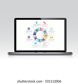 Computer laptop with infographic on screen,3d and flat vector design illustration for web banner or presentation used