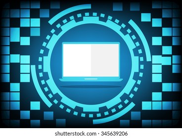 Computer laptop inside the blue circle of ring and gears in technology background. Vector illustration design communication concept.