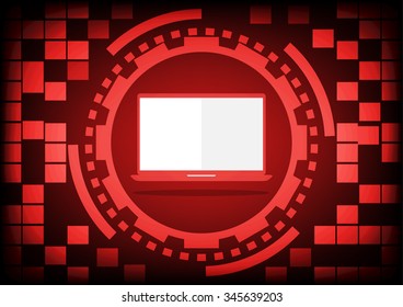 Computer laptop inside the red circle of ring and gears in technology background. Vector illustration design communication concept.