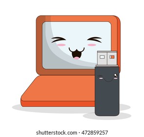 computer laptop kawaii cartoon smiling technology icon. Colorful and flat design. Vector illustration