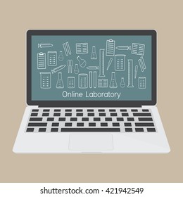 Computer laptop with laboratory accessories icon. Vector illustration fla design technology of online education concept.