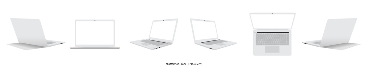 Computer laptop left, right, top, front and back side isolated on white background. EPS.file.