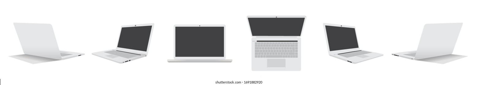Portátil ordenador portátil lado izquierdo, lado derecho, parte superior, parte delantera y trasera aislados en fondo blanco. EPS.file.