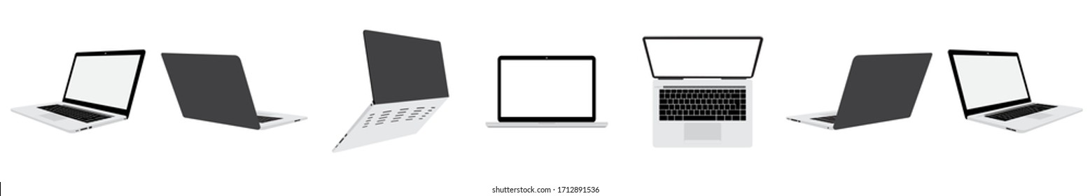 Computer laptop left side, right side, top side, front and back side isolated on white background. EPS.file.