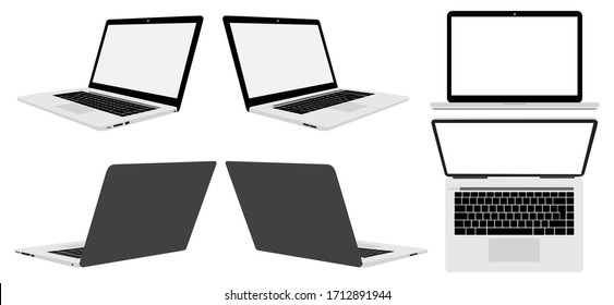 Computer-Laptop links, rechts, oben, vorne und hinten einzeln auf weißem Hintergrund. EPS.file.