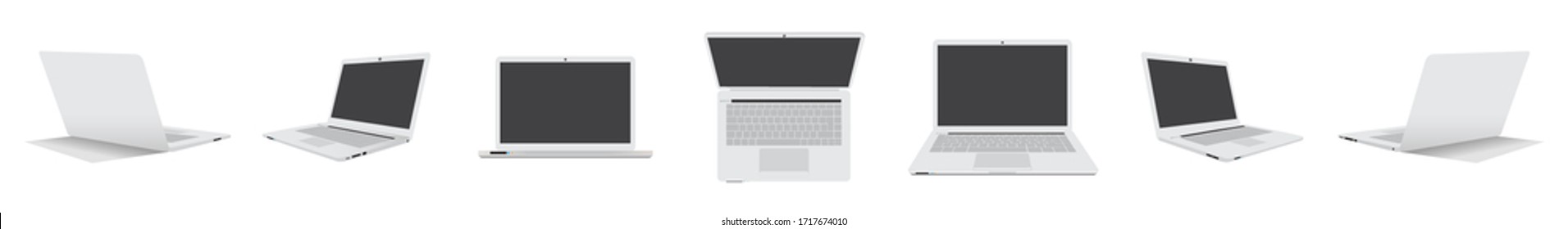 Computer laptop left side, right side, top side, front and back side isolated on white background. EPS.file.