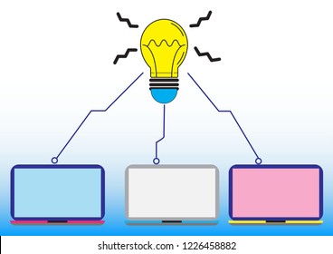 Computer laptop and  Light bulb. Searching  information from  Computer laptop.Data in to Light bulb for concept idea.