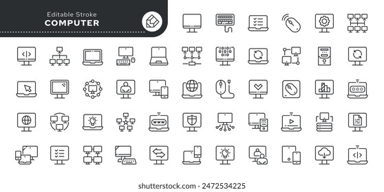 Conjunto de iconos de línea de ordenador y portátil. Red, configuración, conexión de medios y componentes. Icono de Vector de contorno en estilo lineal. Colección conceptual de pictogramas.	