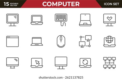 Computer and laptop line icon set. Network, setup, media connection and components. Outline vector icon in linear style. Conceptual pictogram collection. 