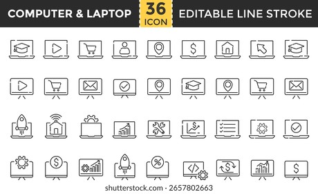 Symbol-Set für Computer- und Notebook-Linien - Konturpixel Perfekt bearbeitbare Kontursymbole-Kollektion für digitale Geräte, Desktop-, Netzwerk- und Medien-Setup