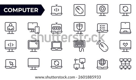 Computer and laptop line icon set. Network, setup, media connection and components. Outline vector icon in linear style. Conceptual pictogram collection. 