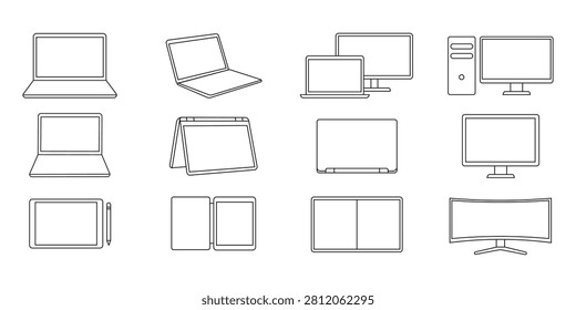 Computer and laptop line icons collection. Clean vector electronic device symbols set with black outline shapes isolated on white background for responsive web UI design.