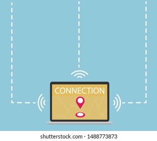 Computer laptop with location and connection screen and dash line, vector, illustrator