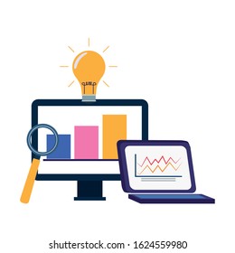 computer and laptop with magnifying glass and bulb over white background, colorful design, vector illustration
