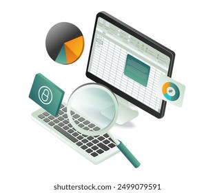 A computer, laptop, and magnifying glass displayed together, symbolizing analysis and data examination in an xls format