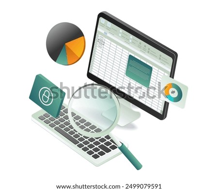 A computer, laptop, and magnifying glass displayed together, symbolizing analysis and data examination in an xls format