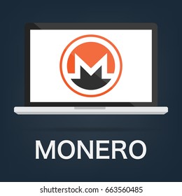 Computer laptop with Monero XMR cryptocurrency blockchain technology logo. Vector illustration logo concept.