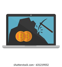 Computer laptop monitor displaying bitcoin mining on white background. Vector illustration Bitcoin mining concept.