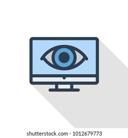 Computer, laptop, monotor and eye pictogram thin line flat color icon. Linear vector illustration. Pictogram isolated on white background. Colorful long shadow design.