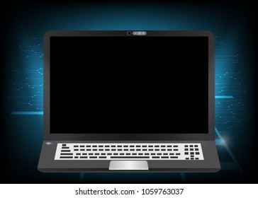 Computer laptop notebook black color blank empty screen for mock up on dark blue abstract background. social network online concept vector illustrations