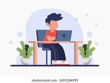 computer, laptop, office, business, work, illustration, internet, vector, desk, woman, cartoon, sitting, businessman, chair, silhouette, people, working, person, student, communication, technology, no