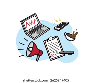 computer laptop and office equipment vector cartoon style drawing illustratiion	
